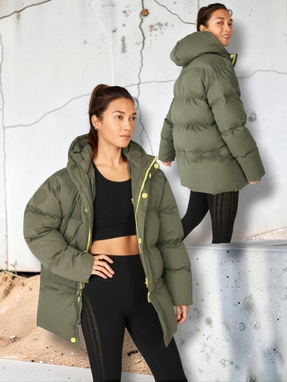 🪅H.P🪅Fabletics Women's Jean Convertible Winter Puffer Coat Military Green/Zest